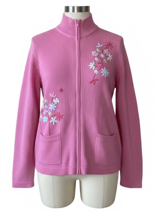 Penmans Sweaters - Coral Pink Embroidered Knit Cardigan Jacket, Medium, Penman's,Grandmacore